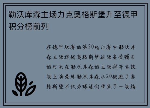 勒沃库森主场力克奥格斯堡升至德甲积分榜前列